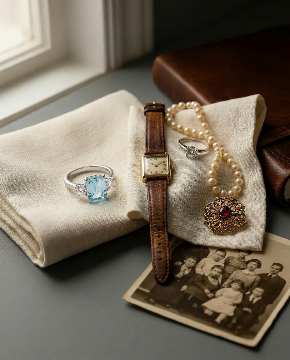 Heirloom jewellery and family archive arranged in soft natural light